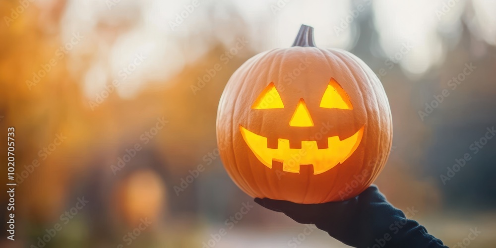 Naklejka premium A glowing Halloween pumpkin held in a hand, showcasing cheerful carved face against a blurred autumn background.