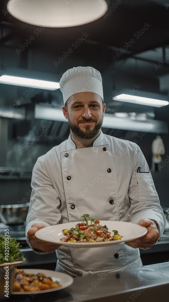 A professional chef proudly presenting a beautifully plated dish in a modern kitchen, showcasing culinary skill and creativity. A professional chef proudly presenting a beautifully plated dish in a modern kitchen, showcasing culinary skill and creativity.