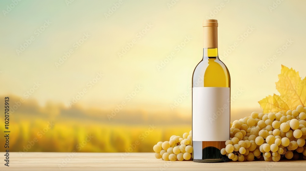 Fototapeta premium Elegant White Wine Bottle with Grapes in Background