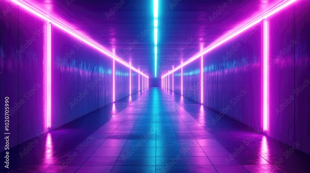 Neon Lights Illuminating a Concrete Corridor Neon Lights Illuminating a Concrete Corridor