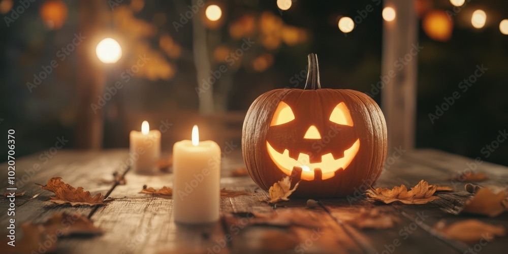 A glowing jack-o'-lantern surrounded by candles, creating a warm, inviting atmosphere for Halloween celebrations. A glowing jack-o'-lantern surrounded by candles, creating a warm, inviting atmosphere for Halloween celebrations.