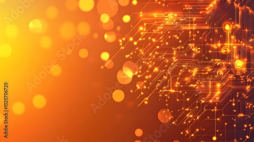 Abstract background vector illustration with glowing light and circuit board elements in golden orange tones, perfect for technology-themed designs