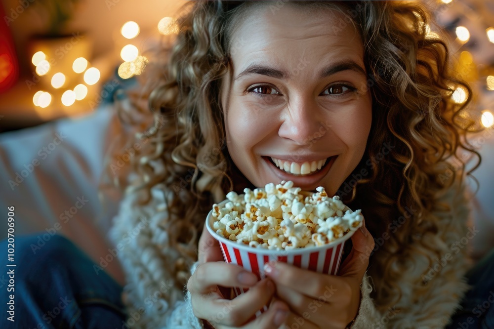 Photo of excited young woman eating popcorn while watching movie Photo of excited young woman eating popcorn while watching movie