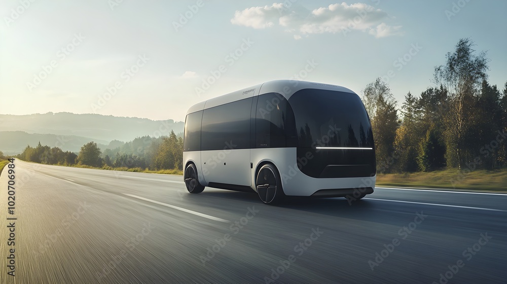 A minimalist delivery van cruising on a clean, empty road, symbolizing efficient transport management with a sleek design and modern features, set against a serene landscape A minimalist delivery van cruising on a clean, empty road, symbolizing efficient transport management with a sleek design and modern features, set against a serene landscape