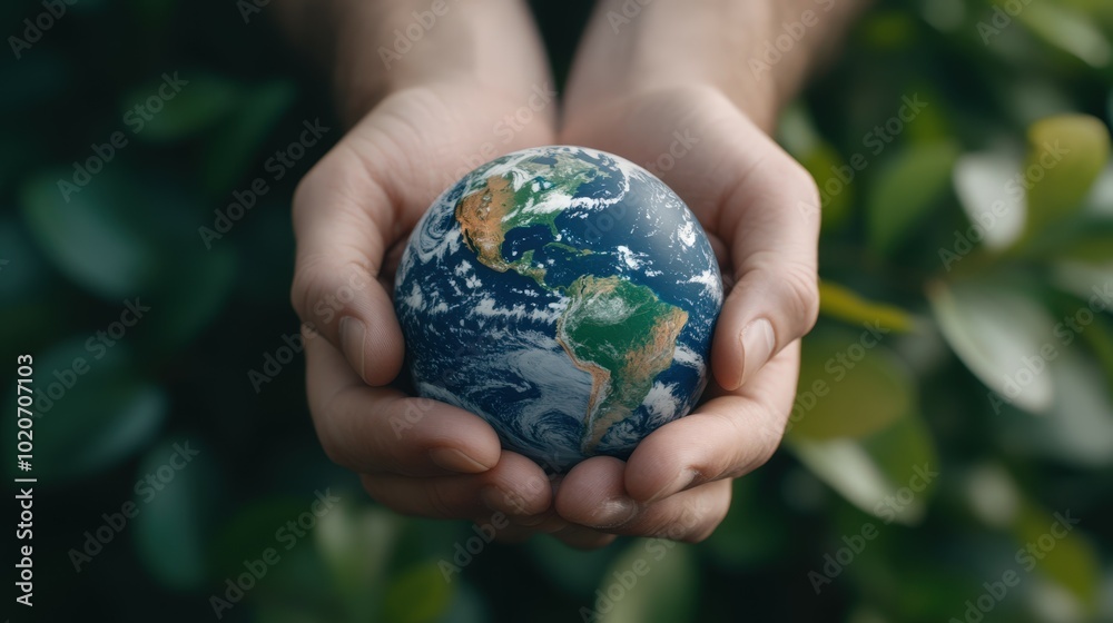 Hands holding the earth in a green environment Hands holding the earth in a green environment