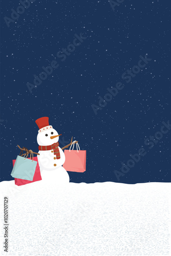 Snowman with shopping bags in Christmas eve at minimalist snowscape graphic illustration have blank space. Merry Christmas greeting card vertical template.