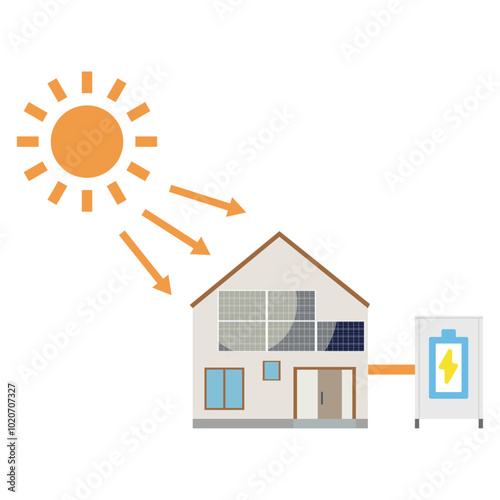 家の壁に設置したソーラーパネルを使った太陽光発電システムのイラスト