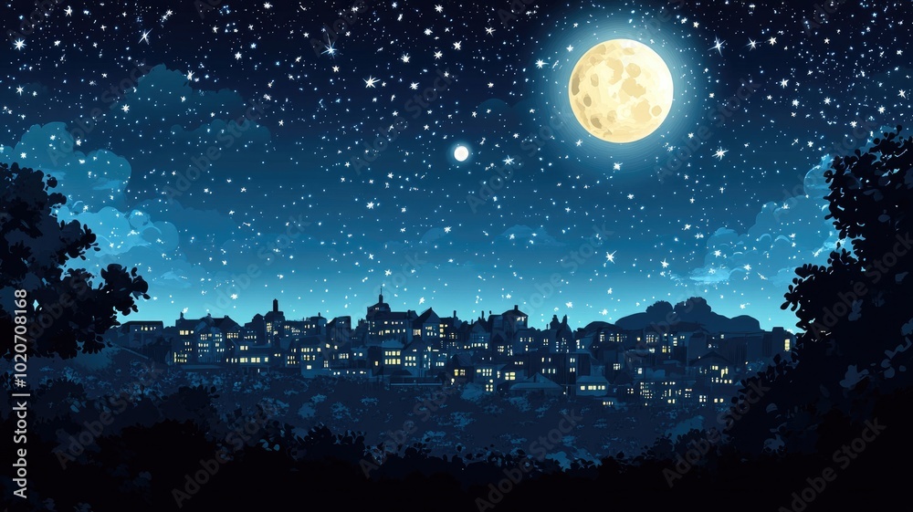 A Nighttime View of a City Skyline with a Full Moon and Stars A Nighttime View of a City Skyline with a Full Moon and Stars