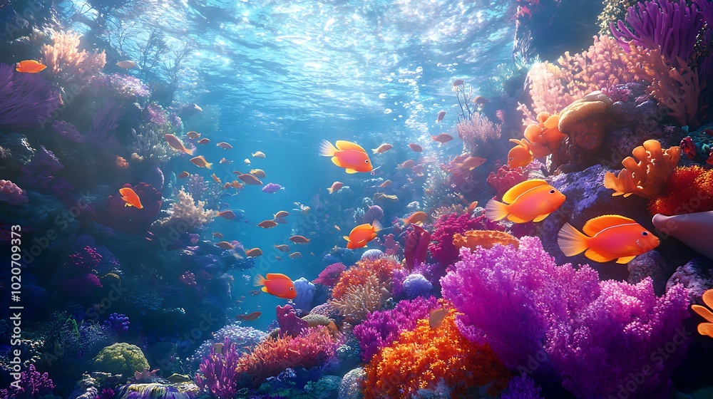 Fototapeta premium Vibrant Coral Reef with Orange Fish Swimming Through Blue Water
