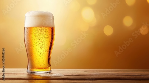 Refreshing Beer Glass on Wooden Table with Bokeh Background