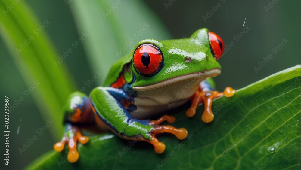Obraz premium Close-up of red and green frog with yellow eyes perched on leaf in natural habitat
