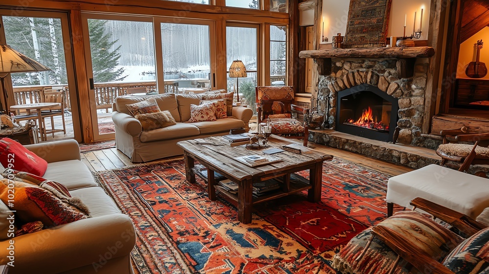 Fototapeta premium A cozy living room with two sofas, a fireplace, and a view of a snowy landscape.