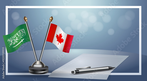 Saudi Arabia and Canada Small national flag on bokeh background, cooperative relationship