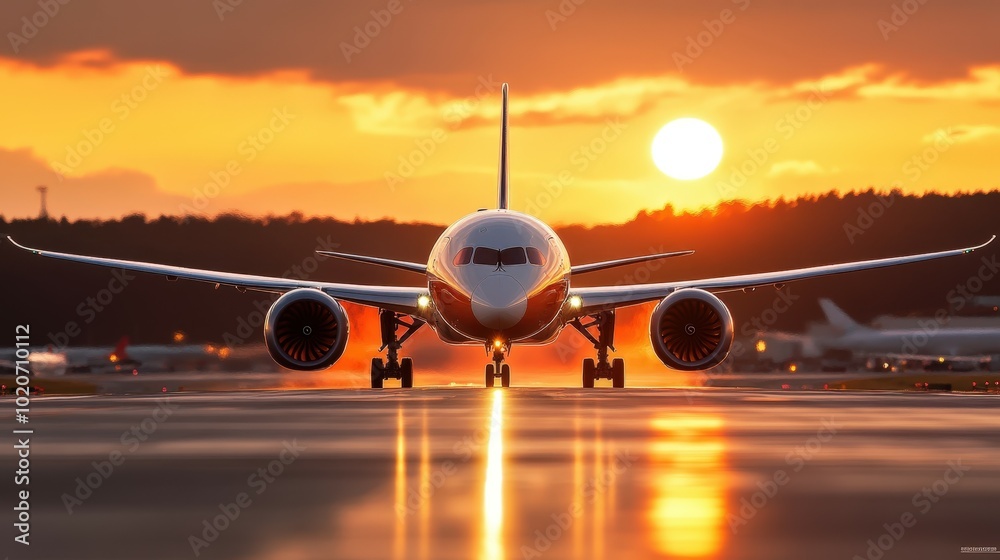 Airplane taking off at sunset Airplane taking off at sunset