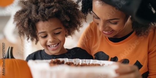 A joyful moment of a mother and son enjoying a fun Halloween activity, sharing laughter and creativity with festive decorations. photo