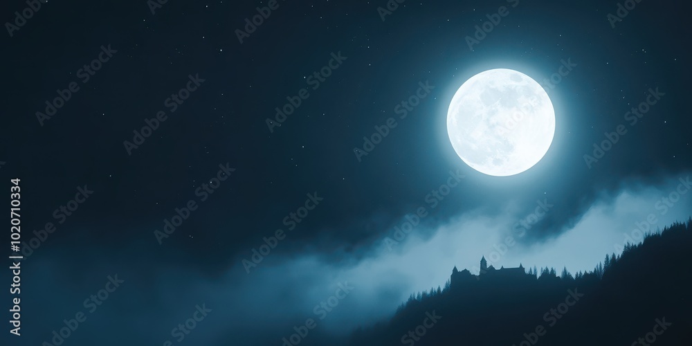 Naklejka premium A luminous full moon shines brightly over misty mountains, creating a mystical nighttime atmosphere filled with wonder.