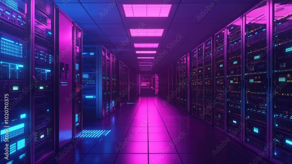 Neon-lit server room with rows of glowing racks Neon-lit server room with rows of glowing racks