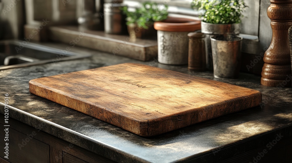 A rustic wooden cutting board sits on a kitchen countertop, surrounded by plants and soft, natural light, creating a warm and inviting atmosphere. A rustic wooden cutting board sits on a kitchen countertop, surrounded by plants and soft, natural light, creating a warm and inviting atmosphere.