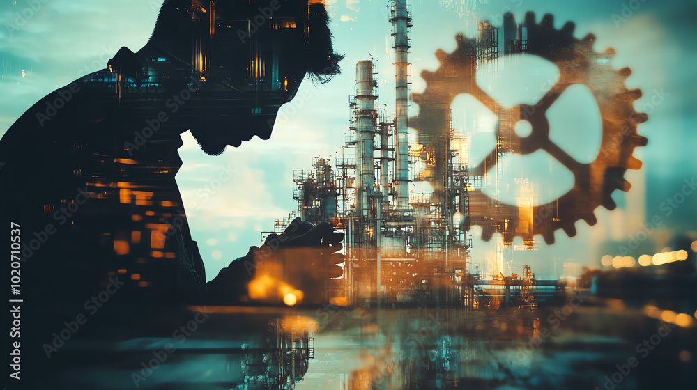 Silhouette of a man contemplating with an industrial background featuring machinery and oil refinery, symbolizing innovation and technology. Silhouette of a man contemplating with an industrial background featuring machinery and oil refinery, symbolizing innovation and technology.