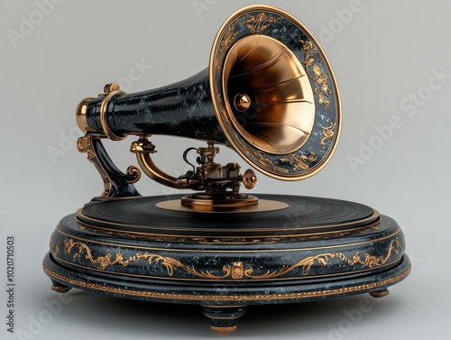 Antique Brass and Mahogany Phonograph, Ornate Decorations