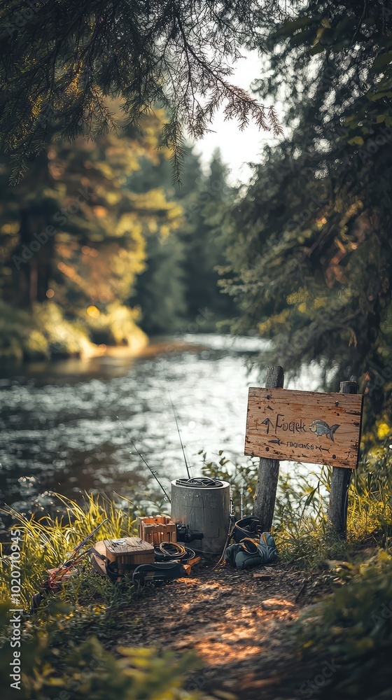 A serene riverside scene with a wooden sign, surrounded by lush greenery and the calming sound of flowing water. A serene riverside scene with a wooden sign, surrounded by lush greenery and the calming sound of flowing water.
