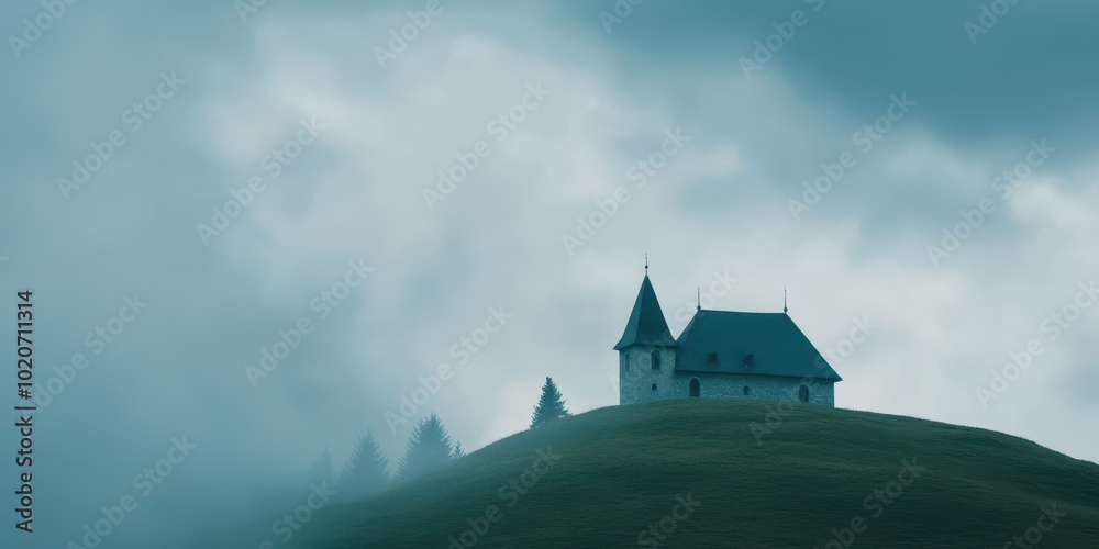 A mysterious house perched on a foggy hill, surrounded by ethereal mist, creating a tranquil and enchanting atmosphere. A mysterious house perched on a foggy hill, surrounded by ethereal mist, creating a tranquil and enchanting atmosphere.