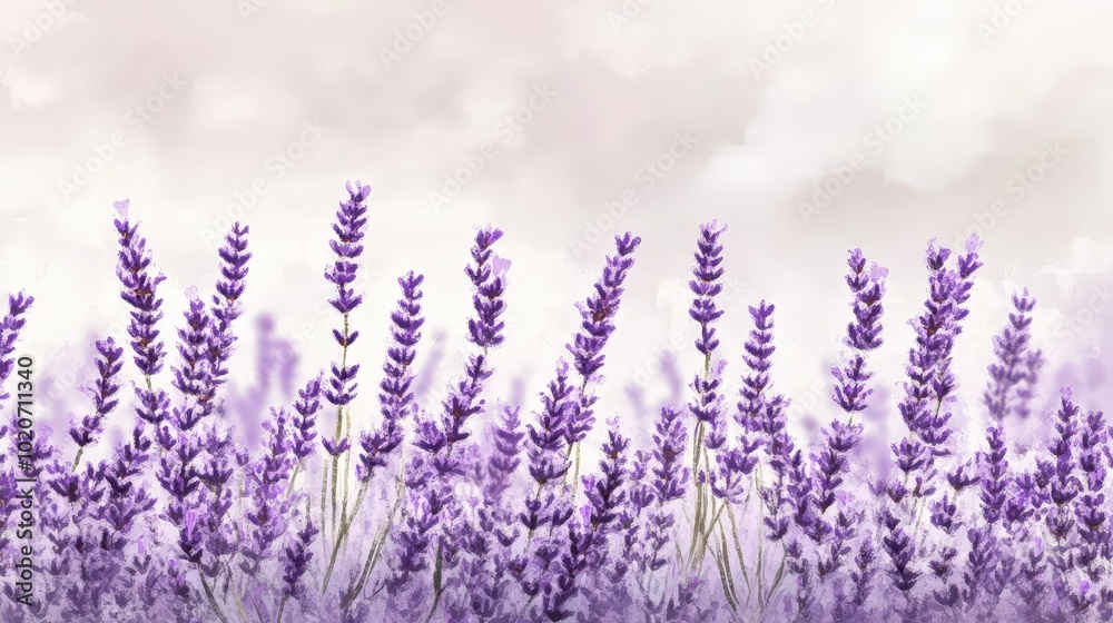Fototapeta premium Tranquil Lavender Field Under Soft Clouds