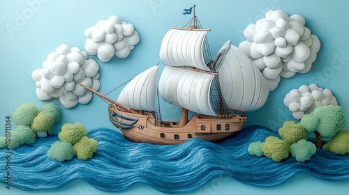 3D Paper Art of a Sailing Ship in Calm Waters