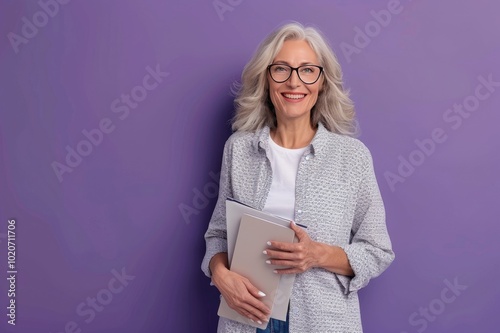 Smiling gray-haired blonde teacher woman lady 40s 50s years old wearing white dotted blouse eyeglasses standing hold notepads looking camera isolated on bright violet color background studio portrait