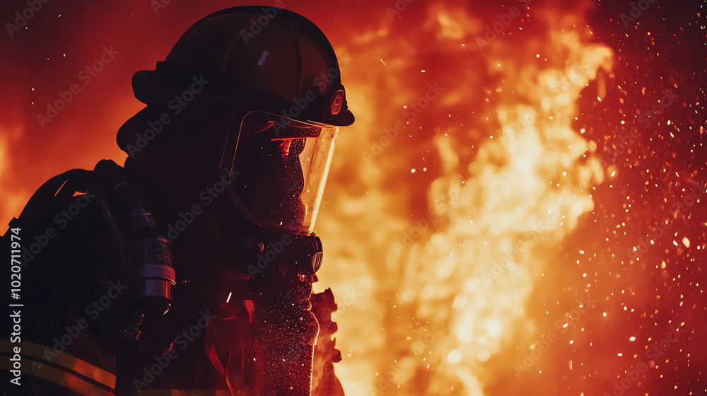 A firefighter in full gear stands against a backdrop of raging flames, showcasing bravery and dedication in emergency situations. A firefighter in full gear stands against a backdrop of raging flames, showcasing bravery and dedication in emergency situations.