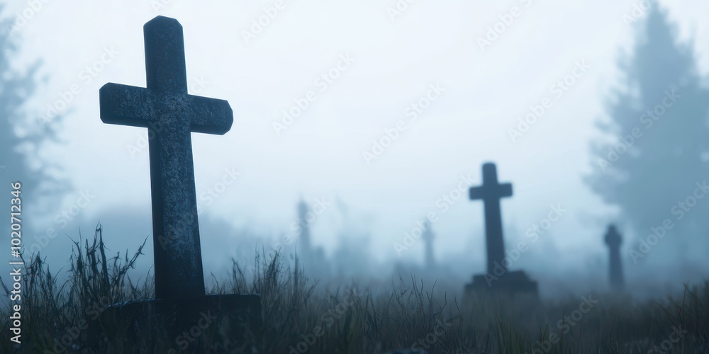 A serene foggy graveyard scene with mist enveloping crosses, creating an eerie and tranquil atmosphere. A serene foggy graveyard scene with mist enveloping crosses, creating an eerie and tranquil atmosphere.