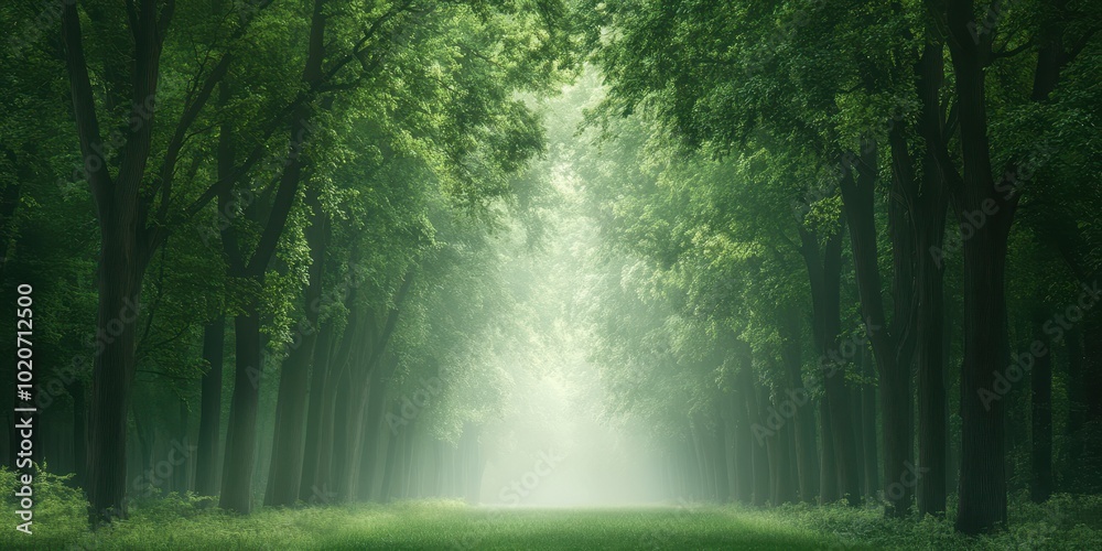 Obraz premium A serene forest path illuminated by soft light, surrounded by lush green trees, creating a peaceful ambiance for nature lovers.