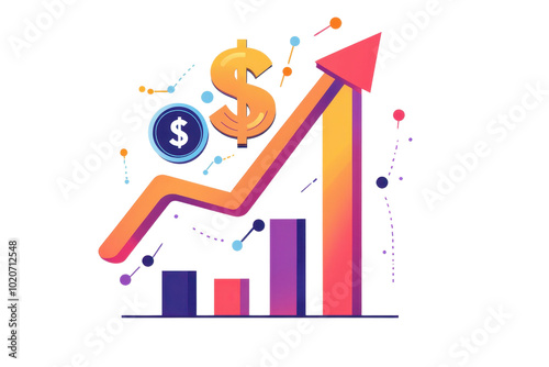 Colorful financial growth chart with arrow and dollar signs, symbolizing economic success and rising profits in business.