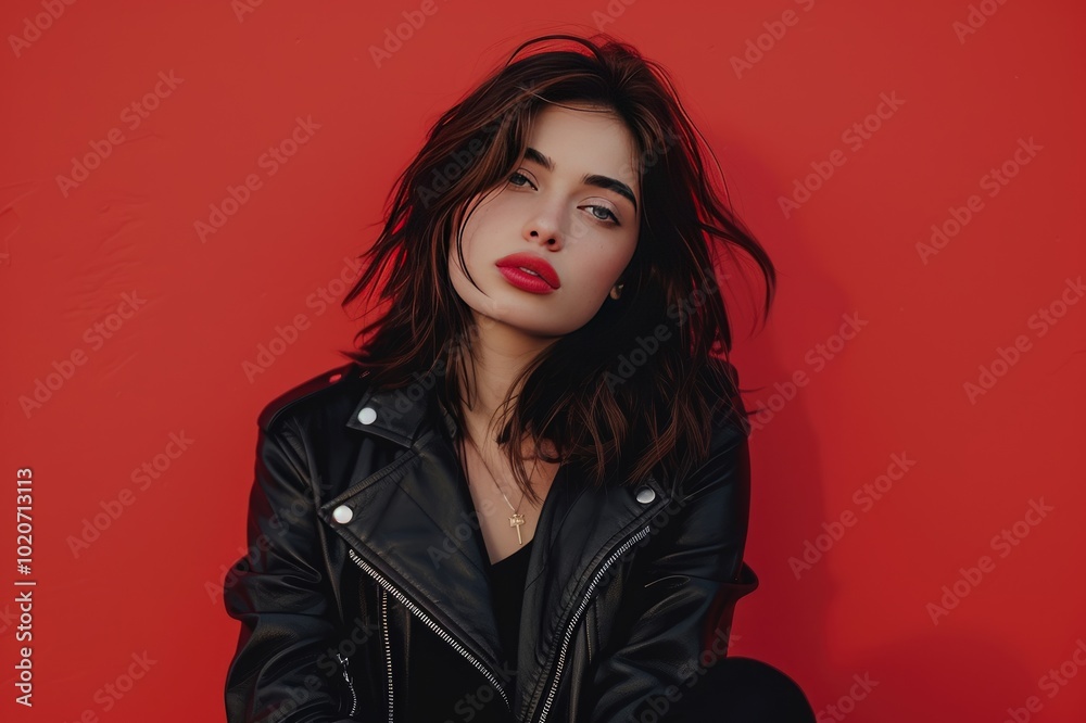 stylish woman posing in black leather jacket for fashion shoot on red stylish woman posing in black leather jacket for fashion shoot on red