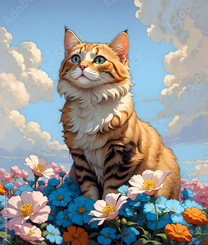 cat on the flowers