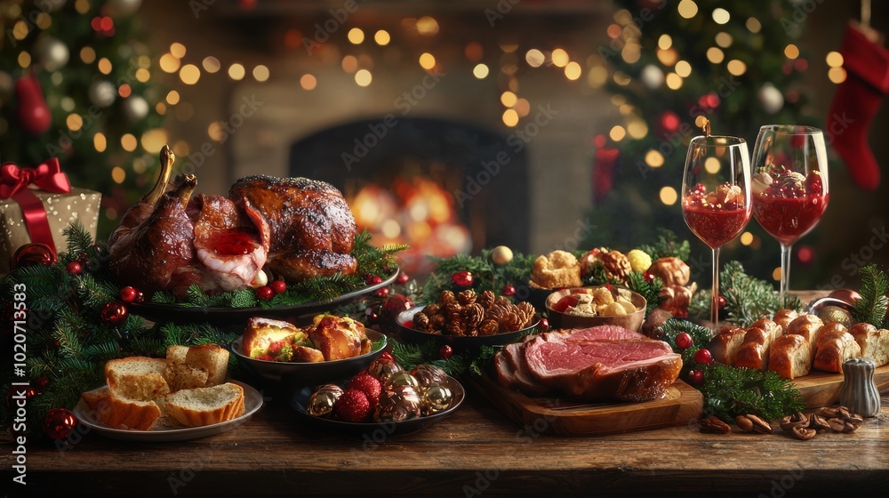 Christmas dinner feast with roasted meats and festive decor Christmas dinner feast with roasted meats and festive decor
