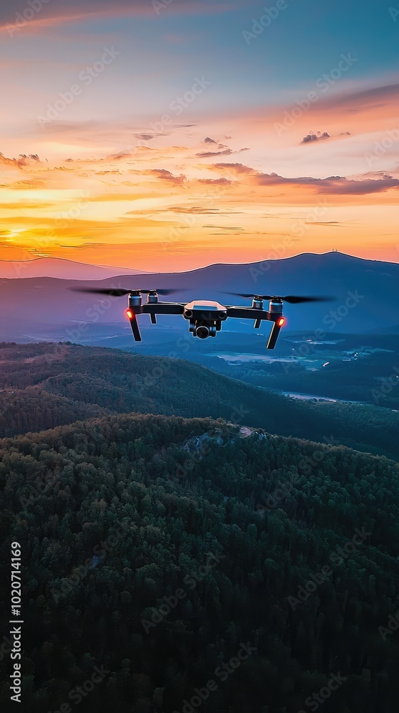 A stunning aerial view of a drone flying over a picturesque landscape during a vibrant sunset, showcasing nature's beauty. A stunning aerial view of a drone flying over a picturesque landscape during a vibrant sunset, showcasing nature's beauty.