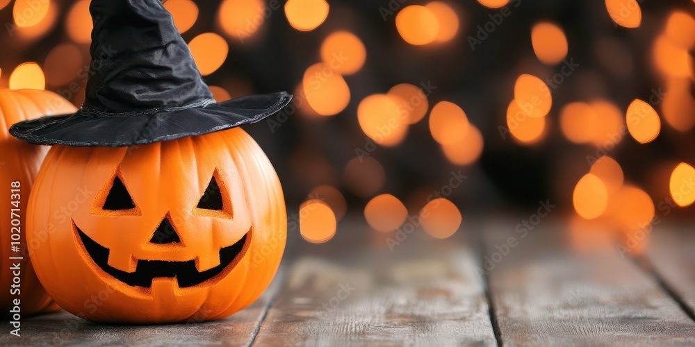 Naklejka premium A spooky carved pumpkin wearing a witch hat, perfect for Halloween celebrations with a warm, festive background of glowing lights.