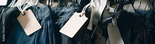 Luxury Clothing Tags on Unworn Clothes Symbolize Wasteful Consumerism photo