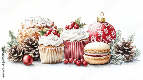 Festive watercolor background with Christmas pastries and desserts decorated with fir branches, cones and Christmas ornaments