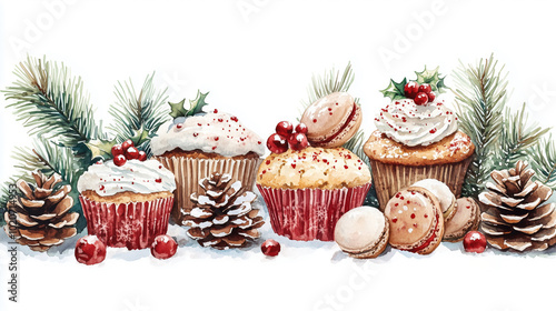 Festive watercolor background with Christmas pastries and desserts decorated with fir branches, cones and Christmas ornaments