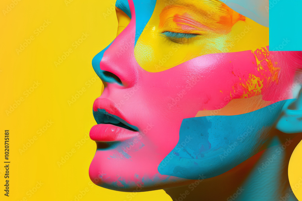 Abstract female portrait with vibrant face paint and geometry Abstract female portrait with vibrant face paint and geometry