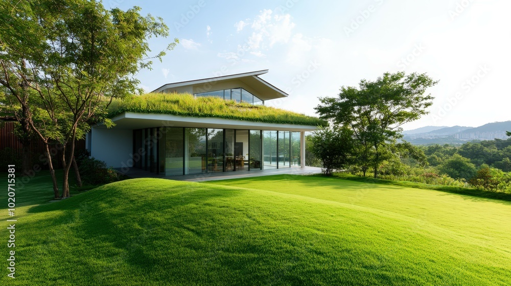 modern eco-friendly house with green roof and lush garden