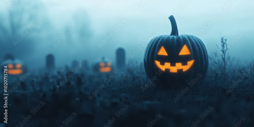 Fototapeta premium A spooky pumpkin glowing in fog, perfect for Halloween themes, featuring carved features and an eerie atmosphere.
