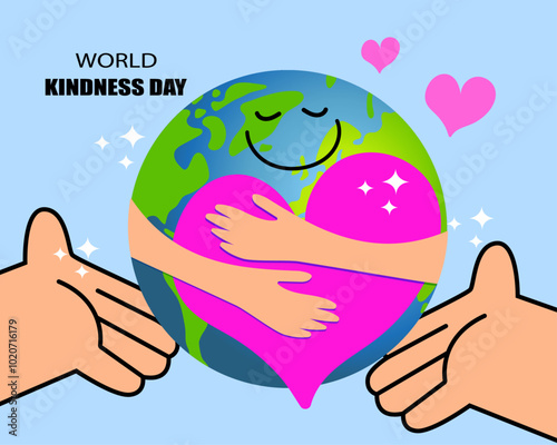 World kindness day. Random acts of kindness day emblem. Caring, responsibility, altruism of people. PLANET EARTH with text. Vector illustration. Global earth. Ecology theme. 