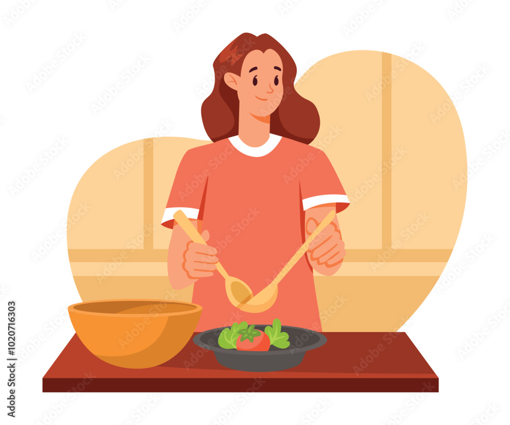 Woman Cooking Vegetable Salad at Home Vector Illustration Woman Cooking Vegetable Salad at Home Vector Illustration