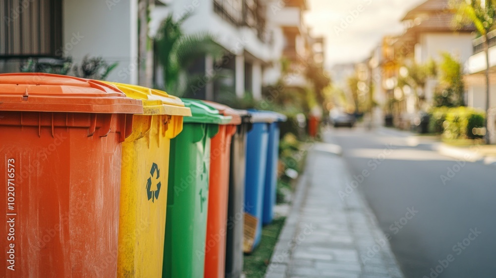 Colorful Recycling Bins on a Sunny Street Colorful Recycling Bins on a Sunny Street