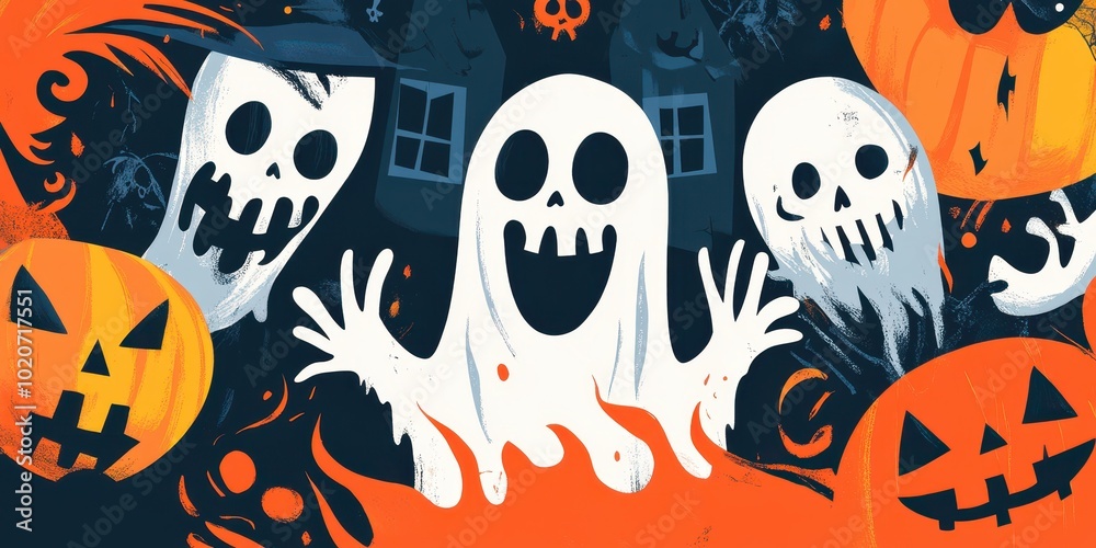 A vibrant Halloween scene featuring playful ghosts and spooky pumpkins, perfect for festive decorations and seasonal designs. A vibrant Halloween scene featuring playful ghosts and spooky pumpkins, perfect for festive decorations and seasonal designs.