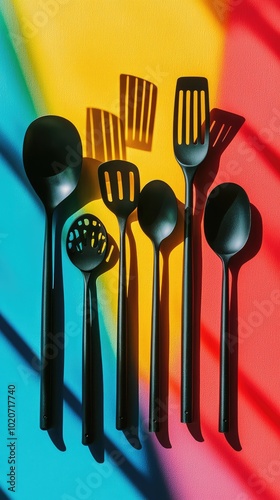 A vibrant collection of black kitchen utensils against a colorful background, showcasing creativity and style in food preparation. photo