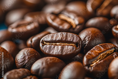 Closeup fresh roasted Arabian or aroma coffee beans background. Food pattern. Love organic coffee concept backdorp. Top view, flat lay with copy space for cafe advertising, package design photo